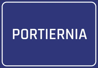 Reception sticker - Graphic design. Simple rectangle with a navy background and white text PORTIERNIA.