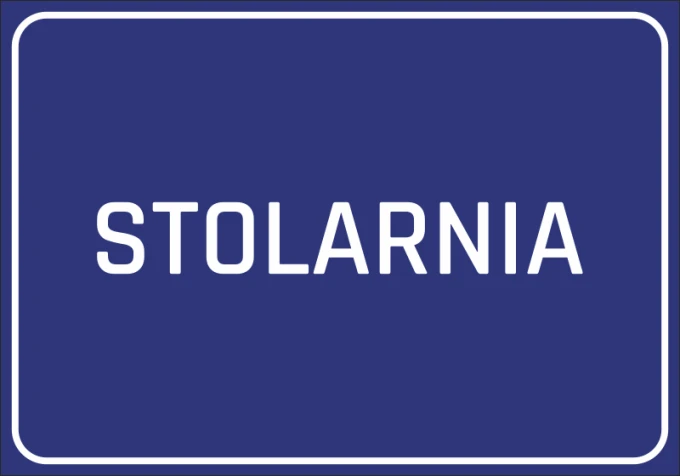 Woodworking sticker - Graphic design. Blue background with large white text STOLARNIA.