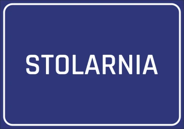 Woodworking sticker - Graphic design. Blue background with large white text STOLARNIA.