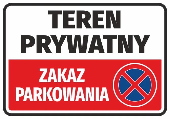 Private property sticker, no parking - Graphic design. Simple style, large letters, red and blue colors.