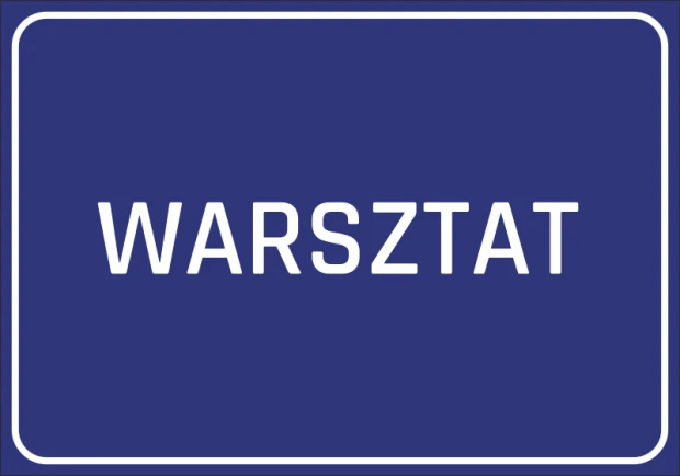 Workshop Sticker - Graphic design. Blue background with large white text reading WORKSHOP.
