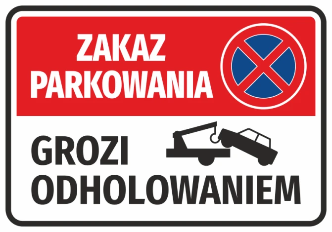 No Parking Sticker - Graphic Design. Red background with white text and towing symbol.