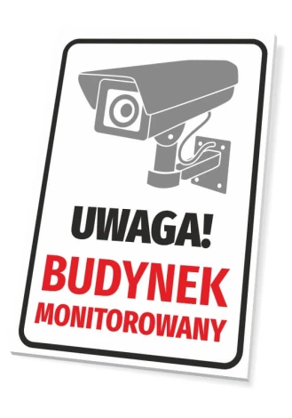 Surveillance Building Sign - Graphic design featuring a monitoring camera and red text.