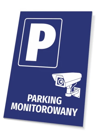 Monitored Parking Sign - Graphic Design. Blue background with a white camera symbol and letter P.