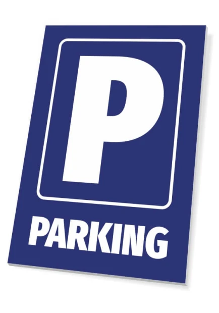 Parking Sign - Graphic design. Simple rectangle with blue background, white letters, and a large letter P.