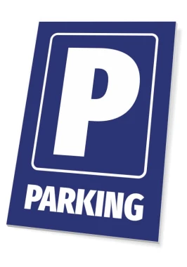 Parking Sign - Graphic design. Simple rectangle with blue background, white letters, and a large letter P.