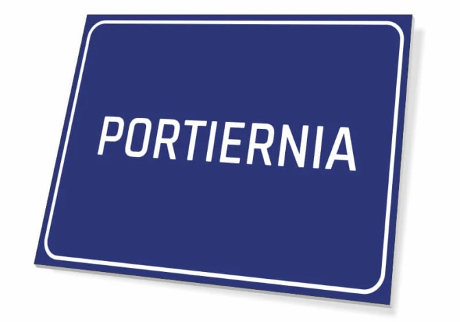 Reception Sign - Simple rectangular sign with white text PORTIERNIA on a blue background.