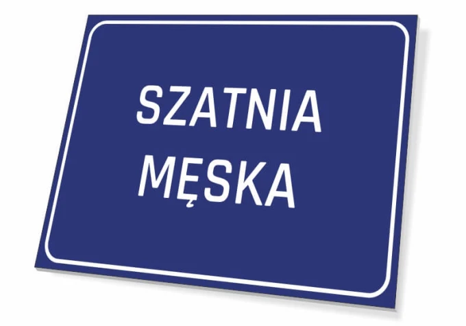 Men\'s Locker Sign - Graphic Design. Simple rectangular sign with white text on a blue background.
