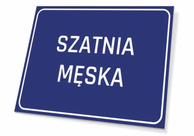 Men\'s Locker Sign - Graphic Design. Simple rectangular sign with white text on a blue background.