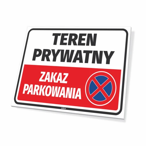 Private property sign, no parking - Graphic design. Simple rectangular shape with red background and blue details.