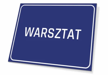 Workshop Sign - Simple rectangular sign with a blue background and white text reading WORKSHOP.