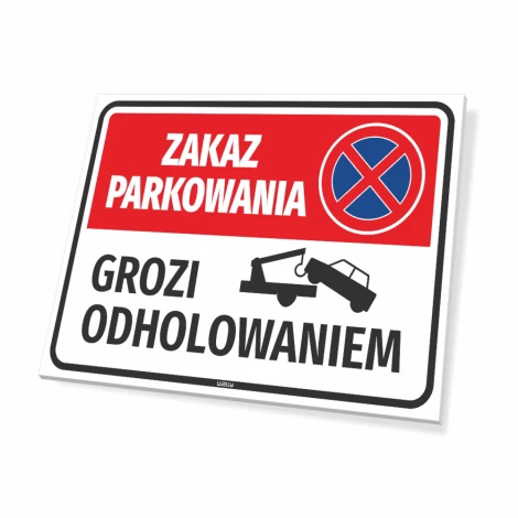 No Parking Sign - Towing Warning. Red background with white text and towing symbol.