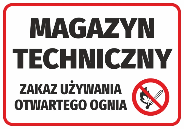 Technical storage sticker - no open flames allowed - graphic design. Rectangular with red border, black.