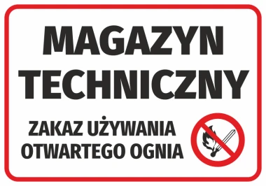 Technical storage sticker - no open flames allowed - graphic design. Rectangular with red border, black.