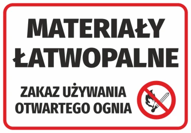 Flammable materials sticker - no open flames - graphic design. Large black letters on a white background, symbol.