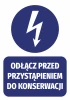 Disconnect before maintenance sticker - Graphic design. Round lightning symbol above rectangular text.