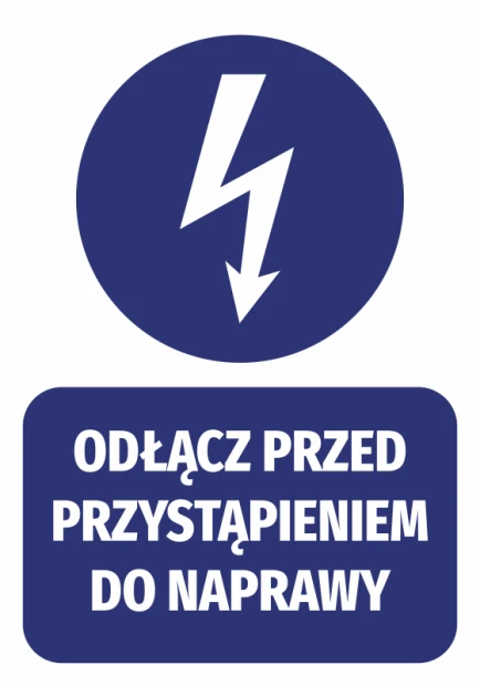 Disconnect before repair sticker - Graphic design. Round lightning symbol above rectangular text.
