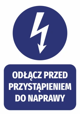 Disconnect before repair sticker - Graphic design. Round lightning symbol above rectangular text.