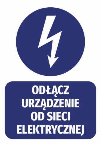 Disconnect device from power sticker - Graphic design. Round lightning symbol above rectangular text.