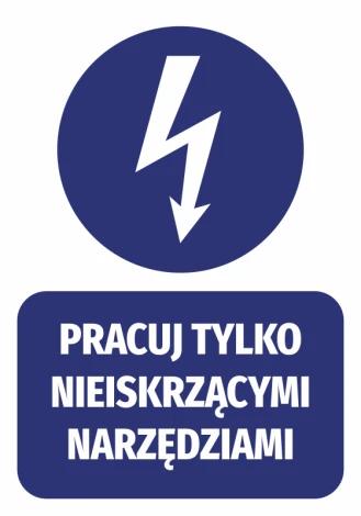Sticker: Work only with non-sparking tools - Graphic design. Round lightning symbol on a blue background with white.