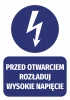 High voltage unload before opening sticker - Graphic design. Round lightning symbol above a rectangle with text.