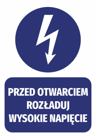 High voltage unload before opening sticker - Graphic design. Round lightning symbol above a rectangle with text.