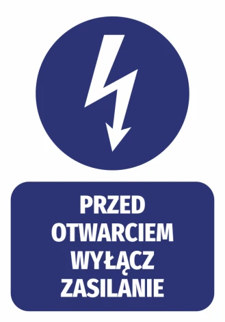 Power Off Before Opening Sticker - Graphic Design. Round lightning bolt symbol with downward arrow, text in rectangle.