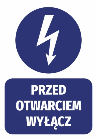 Before opening, turn off - Graphic design sticker. Round lightning symbol at the top, text on a rectangular background.
