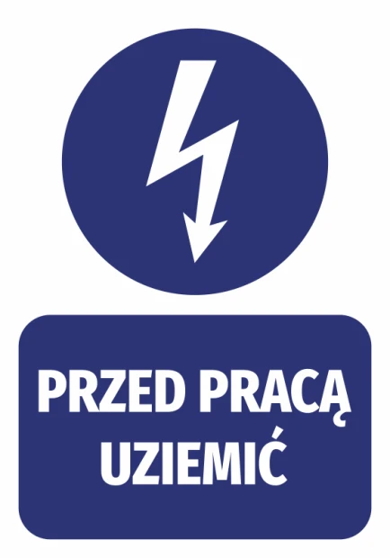 Grounding sticker before work - Graphic design featuring a lightning bolt in a circle with text on a rectangular background.
