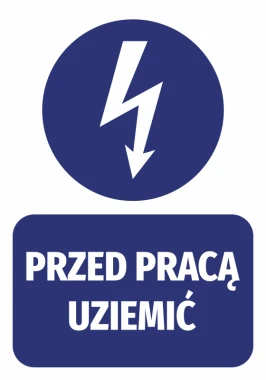 Grounding sticker before work - Graphic design featuring a lightning bolt in a circle with text on a rectangular background.