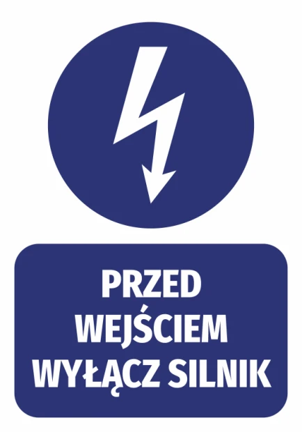 Sticker: Turn off engine before entry - Graphic design. Round lightning symbol with text on a rectangle.
