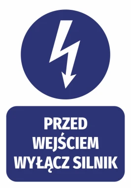 Sticker: Turn off engine before entry - Graphic design. Round lightning symbol with text on a rectangle.