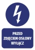 Sticker: Before removing cover, turn off - Graphic design featuring a lightning bolt in a circle and text on a rectangle.