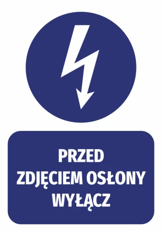 Sticker: Before removing cover, turn off - Graphic design featuring a lightning bolt in a circle and text on a rectangle.