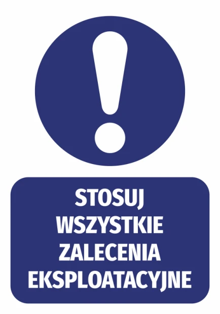 Sticker: Follow all operational guidelines - Graphic design. Round symbol with an exclamation mark on a dark background. Text.