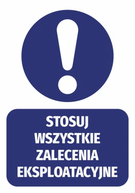 Sticker: Follow all operational guidelines - Graphic design. Round symbol with an exclamation mark on a dark background. Text.