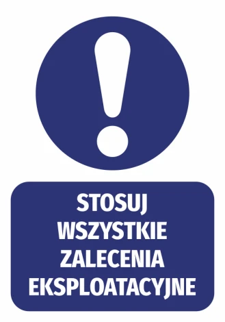 Sticker: Follow all operational guidelines - Graphic design. Round symbol with an exclamation mark on a dark background. Text.