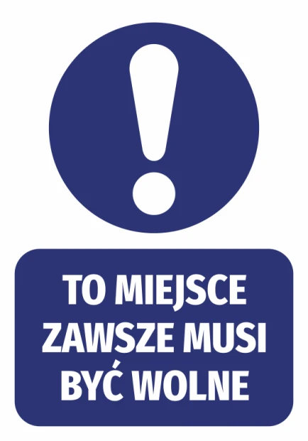 Sticker "This space must always be free" - round design with an exclamation mark on a blue background. White text.