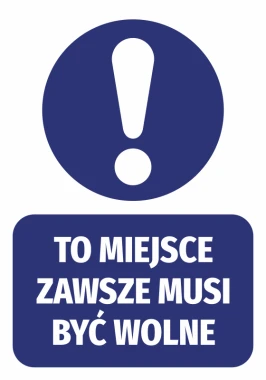 Sticker "This space must always be free" - round design with an exclamation mark on a blue background. White text.