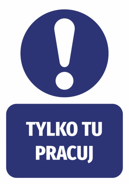 Only work here sticker - Graphic design. Round shape with an exclamation mark and a rectangle with text.