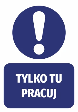 Only work here sticker - Graphic design. Round shape with an exclamation mark and a rectangle with text.