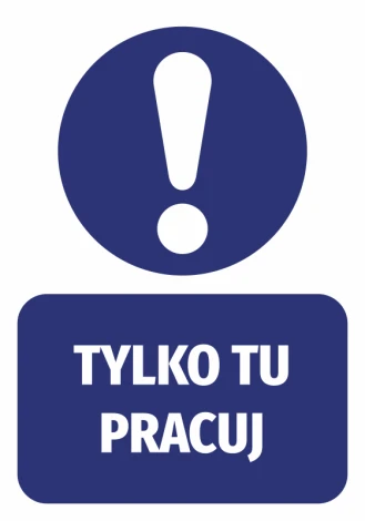 Only work here sticker - Graphic design. Round shape with an exclamation mark and a rectangle with text.