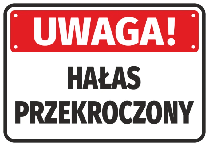Warning! Noise exceeded - Graphic design. Red background with white text in large letters.