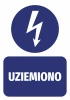 Grounded Sticker - Graphic design. Round shape with a lightning bolt in the center and UZIEMIONO text at the bottom.