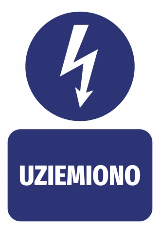Grounded Sticker - Graphic design. Round shape with a lightning bolt in the center and UZIEMIONO text at the bottom.