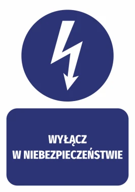Danger Off Sticker - Graphic Design. Round shape with a lightning bolt and rectangular text.