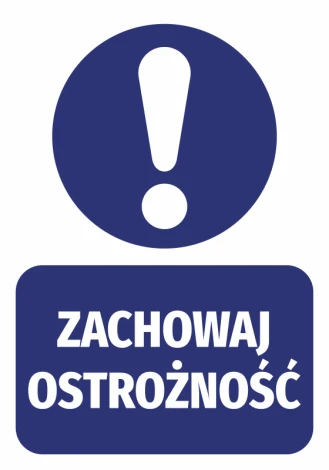 Caution sticker - Graphic design. Round symbol with an exclamation mark on top, text on a rectangle.