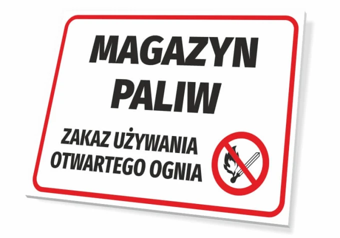 Fuel storage sign, no open flames - Graphic design. Rectangular sign with a white background and black text.