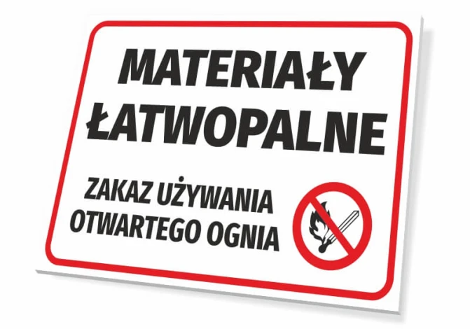 Flammable materials sign - no open flames - graphic design. Rectangular sign with large black text.