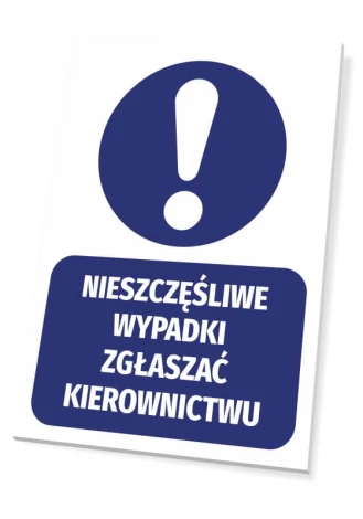 T202 sign, Report accidents to management - Graphic design. Round symbol with exclamation mark on blue background.